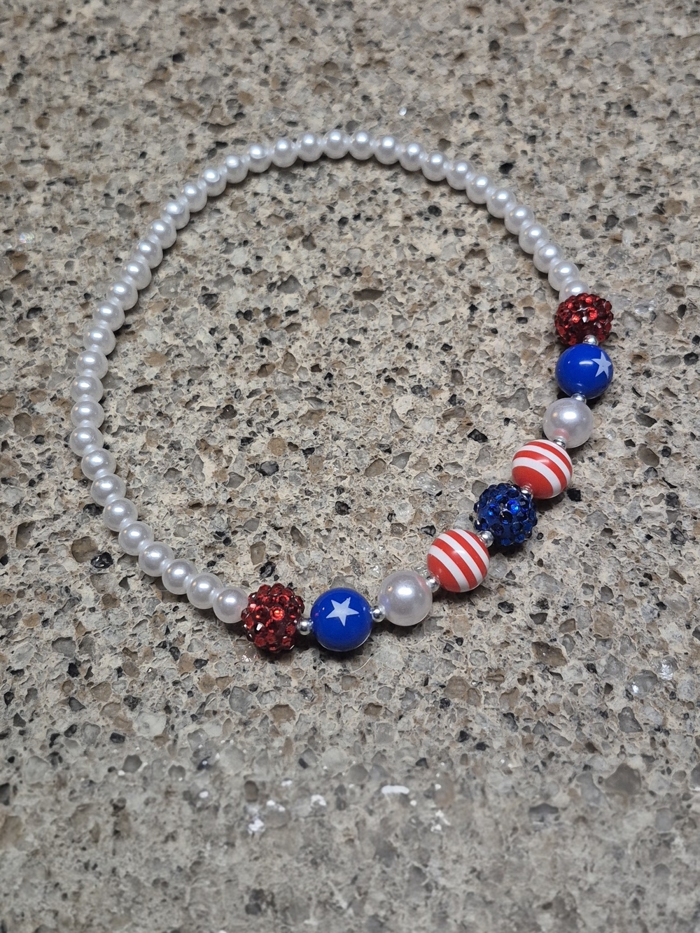 Patriotic Americana Beaded Stretch Choker Necklace Red White & Blue Faux Pearls